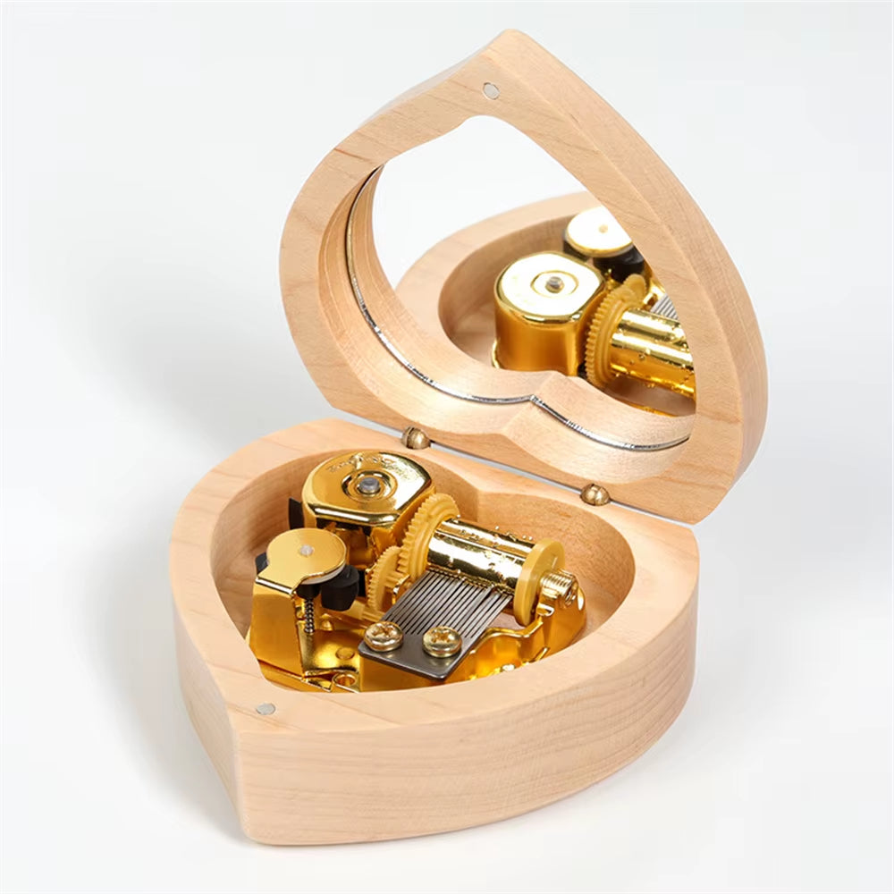 Wooden Heart Shaped Music Box Maple Wood 18 Tones Clockwork Musical Box Swan Lake Summer Moving Castle Birthday Gifts for Lovers