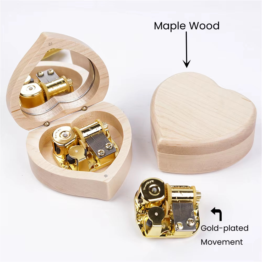 Wooden Heart Shaped Music Box Maple Wood 18 Tones Clockwork Musical Box Swan Lake Summer Moving Castle Birthday Gifts for Lovers